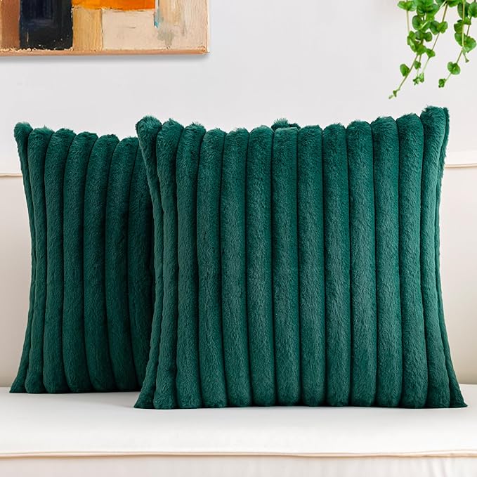 Pack of 2 Faux Fur Fall Throw Pillow Covers 16x16 Inch, Soft Plush Striped Neutral Couch Pillow Cover, with Velvet Back Modern Home Decor for Sofa Living Room Couch Bed Blackish Green