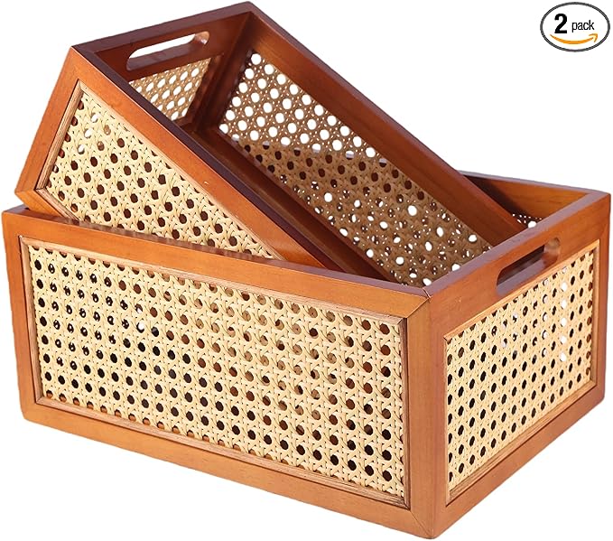 Rattan Storage Baskets Set, Wooden Frame with Woven Cane Design, Nesting Organizer Bins for Living room Bedroom Bathroom Kitchen Shelf, Set of 2