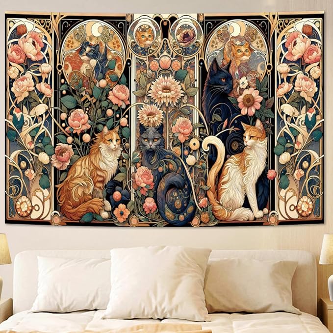 Apdidl Boho Floral Cute Wall Tapestry for Bedroom, Vintage Flower Cat Wall Hanging, Bohemian Style Orange and Black Cats Funny Tapestries, Animal Painting Art Poster for Girls Room Dorm Beach Decor (39" X 60")