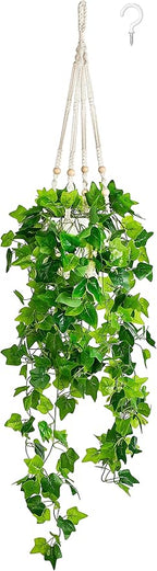 Dahey Fake Hanging Plants Artificial Decor Macrame Hanger with Artificial Vines in Pots Greenery for Wall Ceiling Bedroom Bathroom Indoor Home Decor, 1 Pack