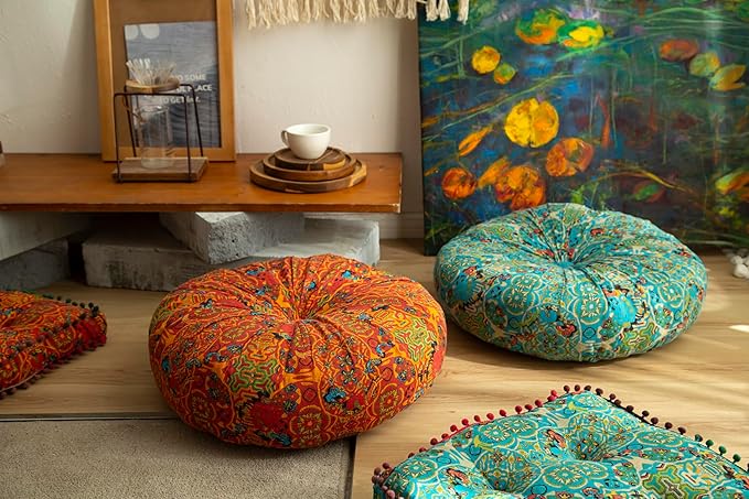 Cotton Linen Morocco Floor Cushions, Meditation Pillow, Futon Tatami Mats, Large Round Cushions for Outdoor Fireplace Yoga Living Room Reading Nook (OrangeB,22''x22'')