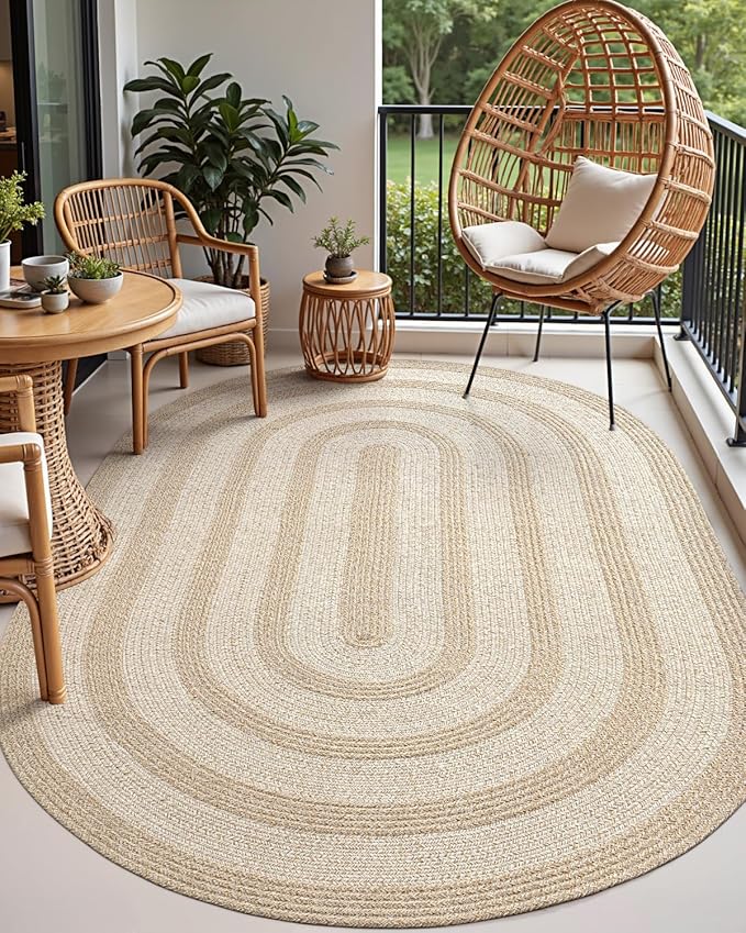DEXI Jute Area Rug Natural Fiber 6x9 Oval, Woven Braided Durable Farmhouse Design Rugs for Living Room, Bedroom Dinning Room Office Outdoor Patio, Beige