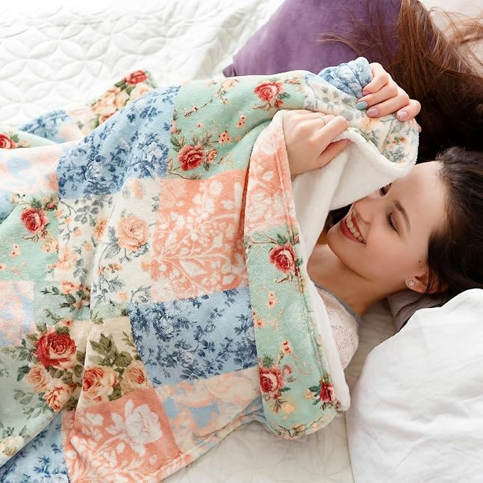 Boho Pastel Floral Throw Blanket Ultra Soft Fleece Patchwork Blanket for Couch and Bed Holiday Theme Cozy Throw Decoration Warm Gift for Spring Summer, 50 x 60 Inches