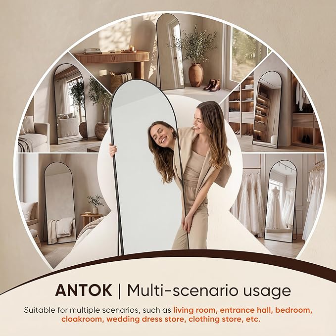 Antok 86" x46” Arched Full Length Floor Mirror, Black Aluminum Frame, Free Standing/Wall Mount/Leaning for Bedroom, Living Room, Dressing Room