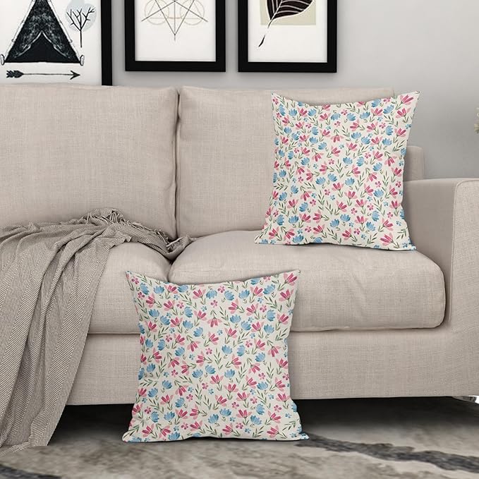 Easter Pink Blue Floral Pillow Covers 18x18 Set of 2 Spring Vintage Rustic Old Style Cute Flower Cream Print Decorative Outdoor Pillowcases Farmhouse Throw Cushion Case Decor for Couch Sofa Bed