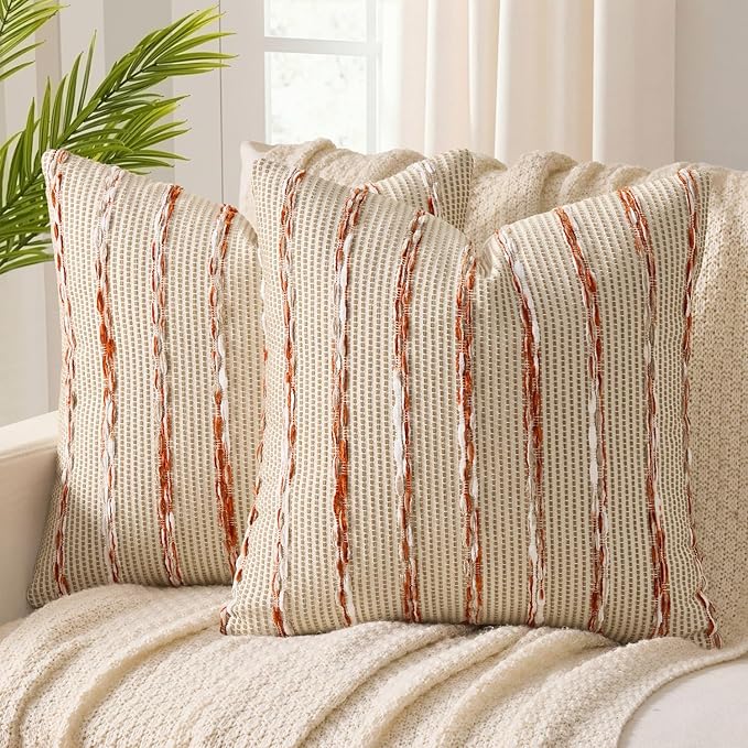 ANRODUO Boho Woven Chenille Pillow Covers 18x18 Inch Set of 2 Soft Textured Decorative Cushion Case with Striped Farmhouse Accent Neutral Pillowcase for Couch Sofa Bed Living Room Decor, Rust Stripe