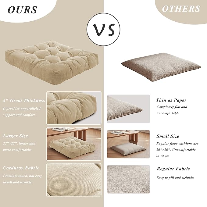 Meditation Floor Pillow 22×22 Inch 2 Pack Large Floor Cushions for Adults Square Tufted Corduroy Floor Pillows for Yoga Living Tatami Room Beige