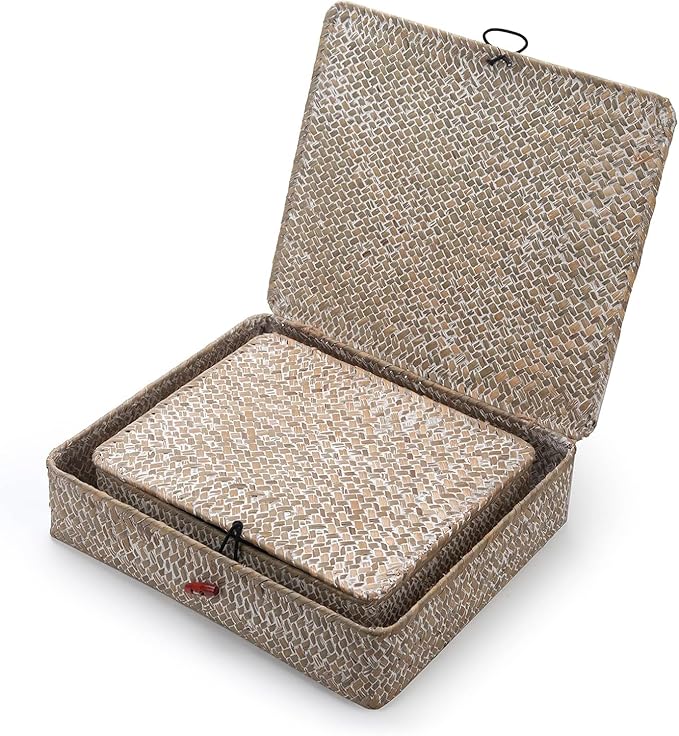 Seagrass Storage Baskets with Lid, Flat Wicker Basket, Shallow Woven Basket for Shelf, Decorative Storage Boxes for Organizing, Whitewash