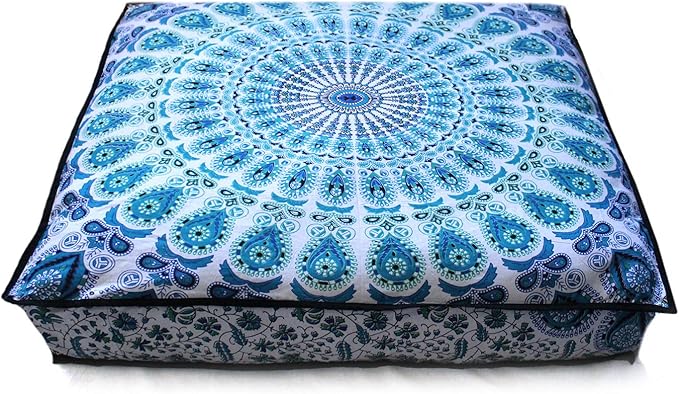 ICC Large Square Floor Pillow Cover Hippie Ottoman Pouf Cover Daybed Cotton Mandala Cushion Cover with Heavy Duty Zipper Seating Ottoman Poufs Dog-Pets Bed (Green Peacock, 35" Square)