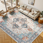 Lessymo 9×12 Area Rugs Washable for Living Room, Large Soft Indoor Rug Non-Slip for Bedroom Kitchen Dining Room Dorm Nursery, Vintage Boho Carpet Stain Resistant for Office Home Decor, Orange/Blue
