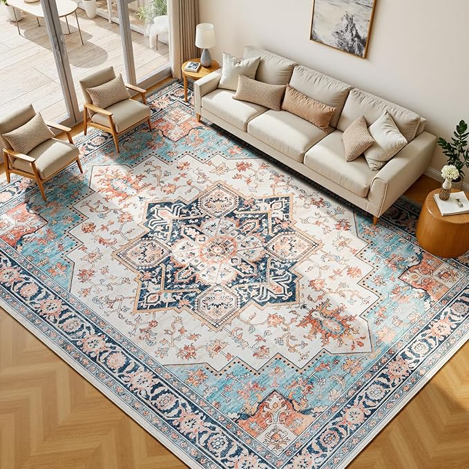 Lessymo 9×12 Area Rugs Washable for Living Room, Large Soft Indoor Rug Non-Slip for Bedroom Kitchen Dining Room Dorm Nursery, Vintage Boho Carpet Stain Resistant for Office Home Decor, Orange/Blue