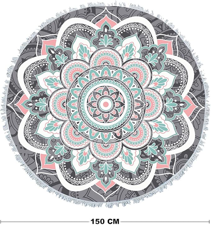 Mandala Round Boho Beach Towel Blanket, Oversized Microfiber Hippie Bohemian Absorbent Fast DRY Sand Free Circle Swim Pool Yoga Towel Table Cloth, Soft 59 inch Mediation Mat Wall Decor with Tassels