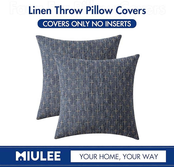 MIULEE Pack of 2 Decorative Burlap Linen Throw Pillow Covers Modern Farmhouse Vintage Pillowcase Rustic Woven Textured Cushion Cover for Sofa Couch Bed 18x18 Inch Blue