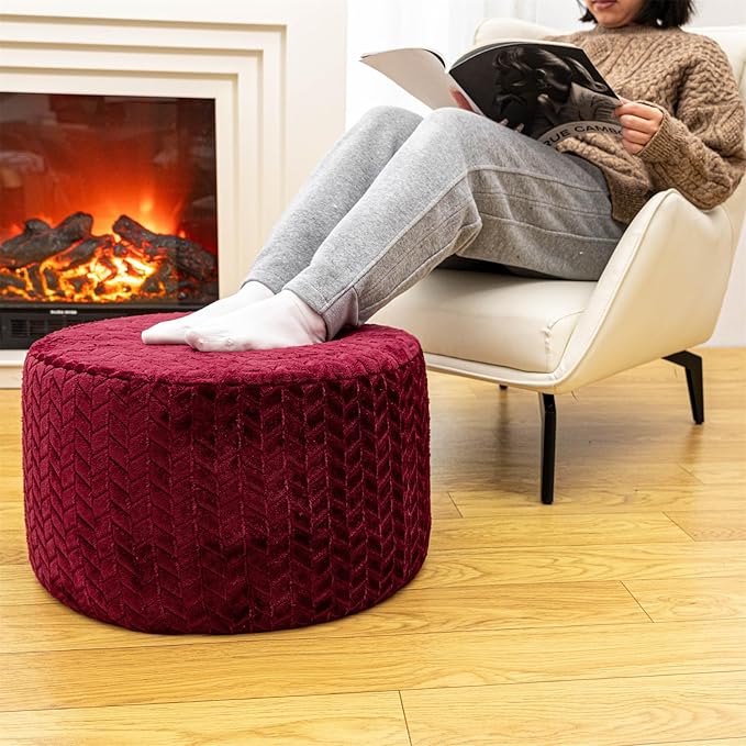 Stuffed Pouf Ottoman High Density Foam Ottoman Pouf for Living Room Bedroom Floor Storage Pouf Footstools Round Foot Rest Stool 20"x20"x12" with Foam Filler (Wine Red)