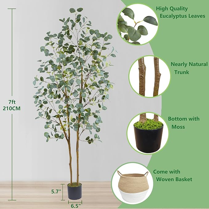 Artificial Eucalyptus Tree, 7ft Tall Silk Leaves Fake Plant with Basket for Outdoor Indoor, 83'' Faux Eucalyptus Trees for Home Office Livingroom Floor Décor