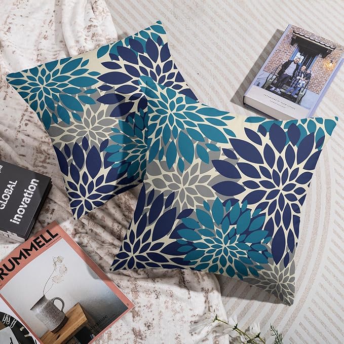 Navy Blue Grey Gray Pillow Covers 16X16 Inch Set of 2, Summer Modern Geometry Dahlia Floral Print Decorative Throw Pillow Covers Outdoor Farmhouse Cushion Case for Couch Sofa Bed Decor