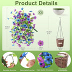 Artificial Flowers Hanging Baskets, 4 Bundles Outdoor Hanging Basket Spring Summer Decoration, No Fade Realistic Fake Flowers Plants for Porch Patio Balcony Home Yard Decor(Purple Blue)