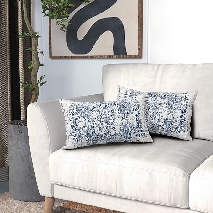 Navy Blue Grey Ethnic Boho Lumbar Pillow Covers 12x20 Inch Bohemian Carpet Pattern Vintage Gray Pillow Cases for Couch Farmhouse Rectangle Rustic Rug Pillow Cases for Bed Patio Outdoor Indoor Set 2