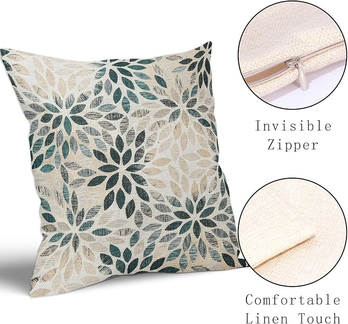 Kawani Teal Dahlia Throw Pillow Covers 20x20 Inch Turquoise Geometric Flower Decorative Square Pillow Cases Beige Tan Gray Floral Cushion Covers Farmhouse Home Decor for Sofa Couch Outdoor Set of 2