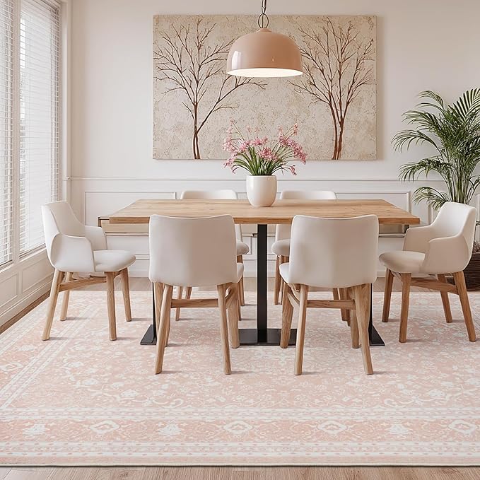 Lessymo 5x7 Area Rugs- Machine Washable Area Rugs, Super Soft Faux-Wool Area Rug for Living Room Bedroom, Boho Area Rug Vintage Floral Medallion Non-Slip Low Pile, Kid & Pet Friendly, Pink