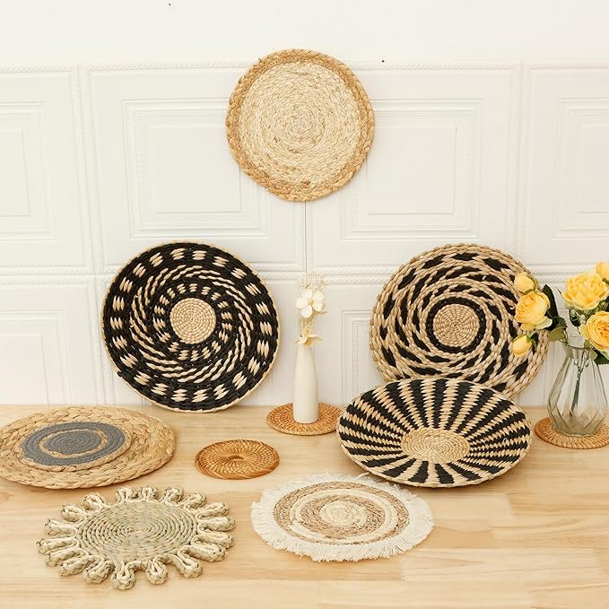HJJWNDDNG 11 Pack Boho Wall Basket Decor Set, Hanging Woven Seagrass Rattan Wicker Boho Wall Decor, Round Farmhouse Wall Hanging Baskets Rustic Flat Wall Art for Living Room Bedroom Kitchen (Style 5)