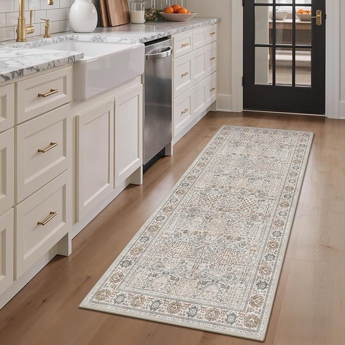 Bavni 2'6''x6 Rug Runners for Hallways, Washable Runner Rug Non Slip, Vintage Floral Print Style Rugs for Bedroom-Lightweight Low Pile Carpet for Hallways Bathroom, Beige Gery