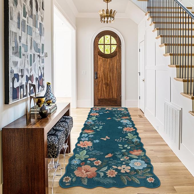 Lahome Floral Kitchen Runner Non-Slip, 2X6 Soft Washable Hallway Runner Rug, Ultra-Thin Stain Resistant Boho Laundry Room Rug Low-Pile Carpet for Bathroom Entryway Bedroom Flore, Navy Blue