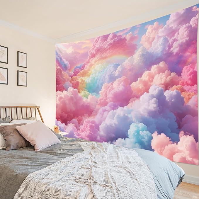 LB Pink Cloud Tapestry Pastel Cloud with Rainbow Sky on Colorful Background Tapestry Wall Hanging Aesthetic Nature Wall Decor for Bedroom Living Room Dorm 92.5Wx70.9L Inches