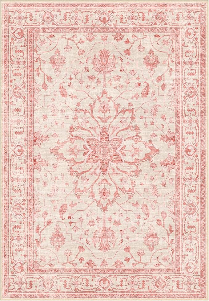 Area Rugs 4'x6' Washable Non-Slip, Floral Vintage Distress Print Pattern Medallion Carpet for Living Room Bedroom Dining Room, Pink Light Vintage Pink