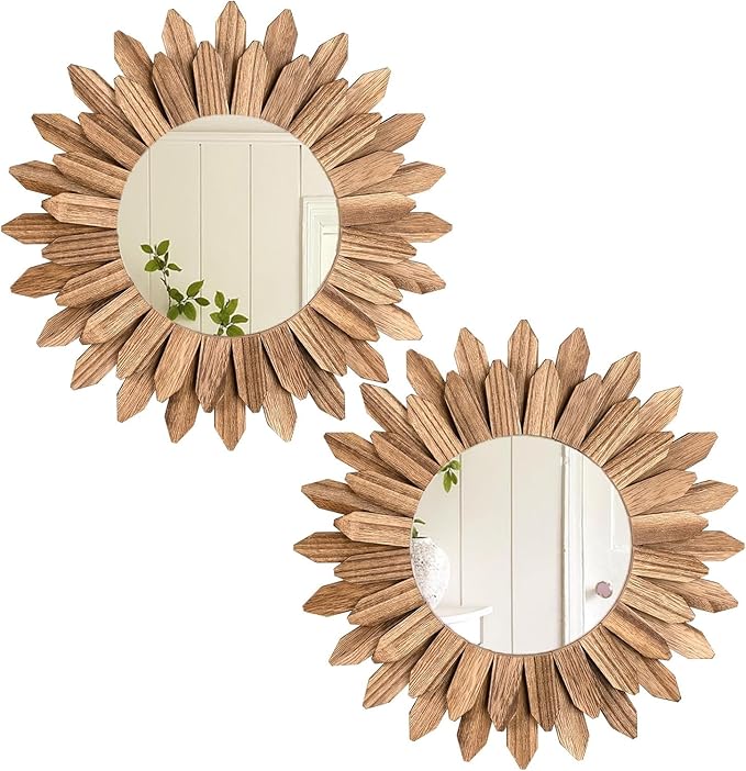 LOSOUR 2 Pack Boho Wall Decor Sunburst Mirror 12 inch Rustic Round Wood Mirror Boho Mirror Farmhouse Wall Decor for Bedroom Living Room Entryway