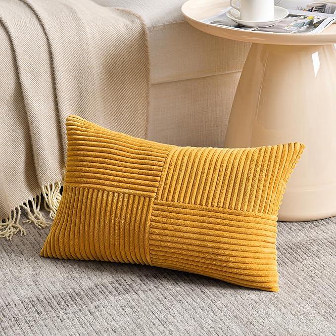 Fancy Homi 2 Packs Gold Yellow Lumbar Decorative Throw Pillow Covers 12x20 Inch for Couch Bed Sofa, Rustic Farmhouse Boho Spring Home Decor, Soft Striped Corduroy Rectangle Accent Cushion Case 30x50cm