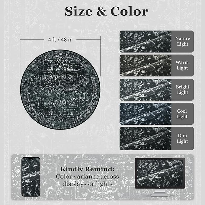 Round Rugs 4ft Black White, Low Pile Thin Washable Non Slip Small Circle Rug for Entryway Kitchen Dining Room, Tranditional Medallion Round Carpet for Bedroom Living Room