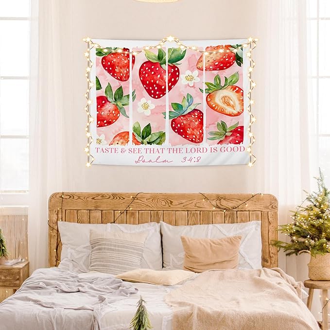 AQYIP Strawberry Christian Tapestry, Psalm 34:8 Bible Verse Tapestry Decorative, Pink Cute Floral Strawberry Religious Wall Tapestries Blanket Decor for Home Girls Room Dorm, 50x60 Inch
