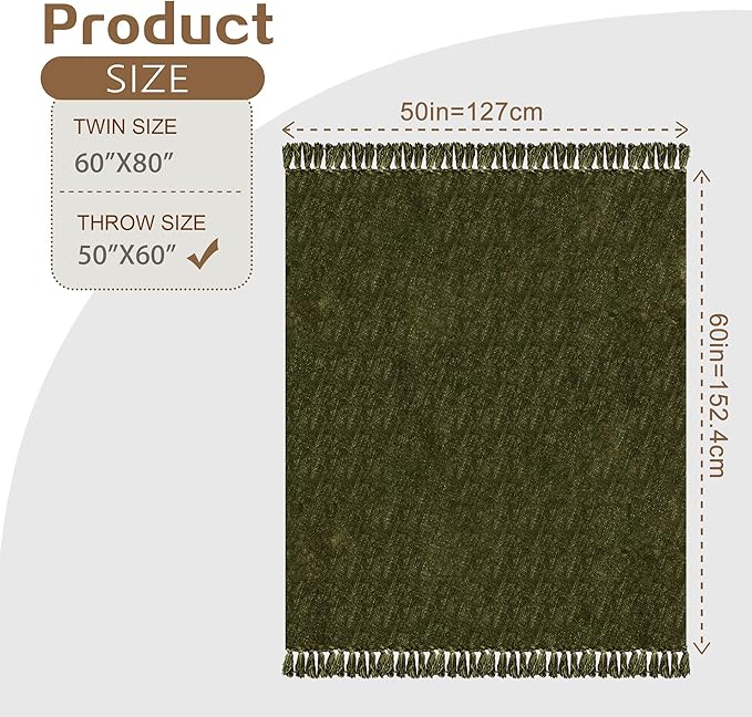 Chenille Throw Blanket for Couch with Tassels,50"X60" Soft Cozy Lightweight Knitted Boho Decorative Blankets for Bed and Sofa,Olive Green