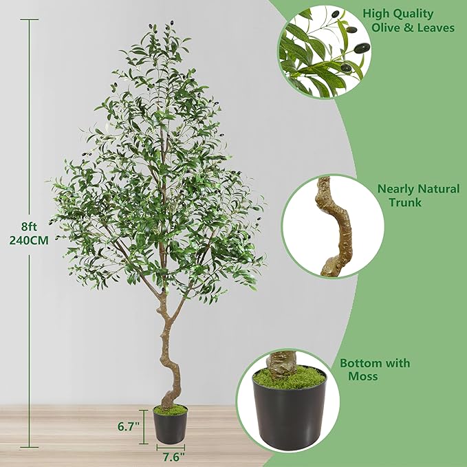 8ft Artificial Olive Tree, 96” Tall Fake Plant with Basket, Indoor Outdoor Faux Large Olive Silk Tree for Home Office Living Room Decor (2400 Leaves)