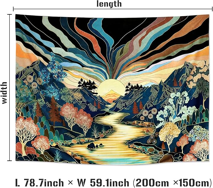 Dermijer Blacklight Forest Mountain Tapestry Sun Tapestry UV Reactive Retro Landscape Tapestries Black Light Watercolor Flower Trees Wall Art Tapestries Wall Hanging for Home Decor 78.7L x 59.1W