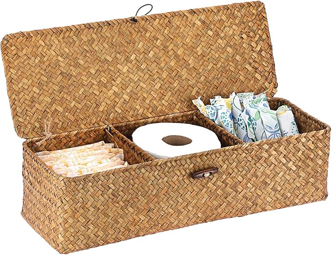 Sumnacon Extended Seagrass Storage Basket with Lid 3-Section Wicker Storage Basket,Small Woven Shelf Basket for Toiletries Tampon Storage,Seagrass Basket for Shelf Bathroom Toilet Counter,Caramel