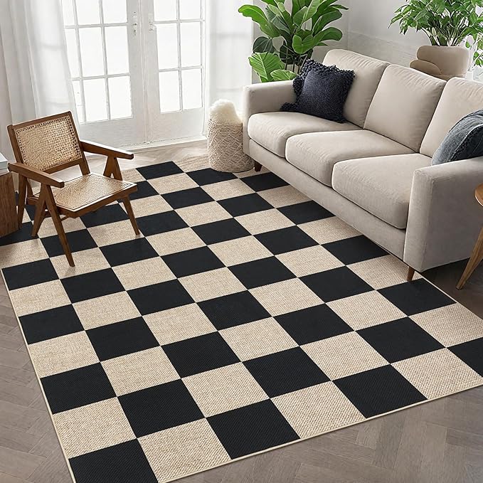 GarveeHome Checkered Easy Jute 3x5 Entryway Rug Machine Washable Outdoor Patio Rug Non-Slip Backing Checkerboard Black Indoor Outdoor Carpet for Hallway Bathroom Kitchen Bedroom