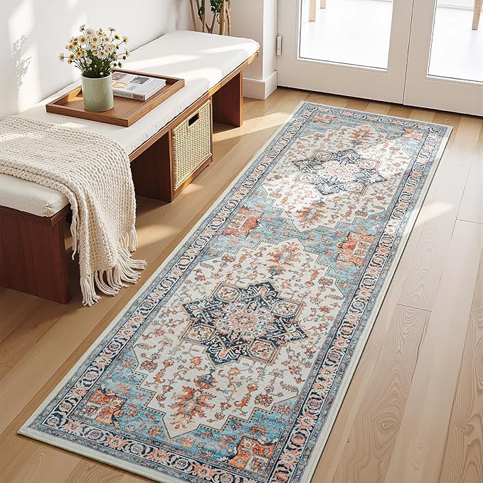 Lessymo Washable 2x6 Runner Rug for Hallway Entryway, Non Slip Kitchen Area Rugs Indoor Mat for Bedroom Bathroom Laundry Farmhouse, Soft Vintage Floor Carpet Stain Resistant Low Pile, Orange/Blue