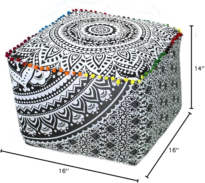 CRAFT KALA Large Hippie Mandala Meditation Floor Ottoman Pillow Cushion Pouf Cover Square Poufs Cover Bohemian Floor Cushion Case Outdoor Fireplace Yoga Living Room Decor 16X16X14 inches, Grey Ombre