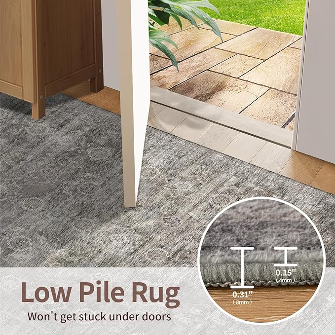 4x6 Rug for Living Room Bedroom, Grey Washable Throw Rugs, Vintage Retro Boho Area Rugs, Non Slip & Low Pile Accent Carpet for Indoor Dining Room, Kids Room and Office(Taupe/Grey 4x6ft)