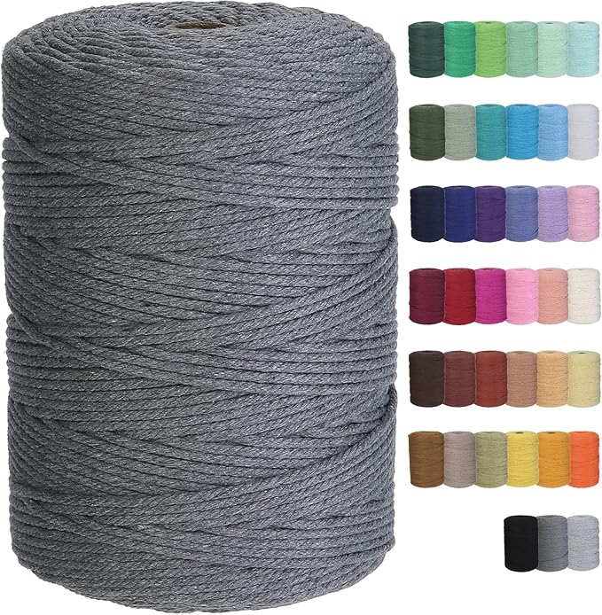 Cotton Macrame Cord 3mm 328yards Natural Colored Macrame Supplies, Soft Craft Cotton Rope for Plant Hanger Wall Hanger Dreamcatcher (Dark Grey)