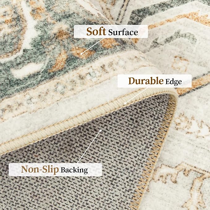 8x10 Area Rugs for Living Room, Vintage Washable Rug with Non-Slip Backing, Stain Resistant Large Area Rug for Dining Room, Soft Rugs for Bedroom (Orange/Light Grey, 8'x10')