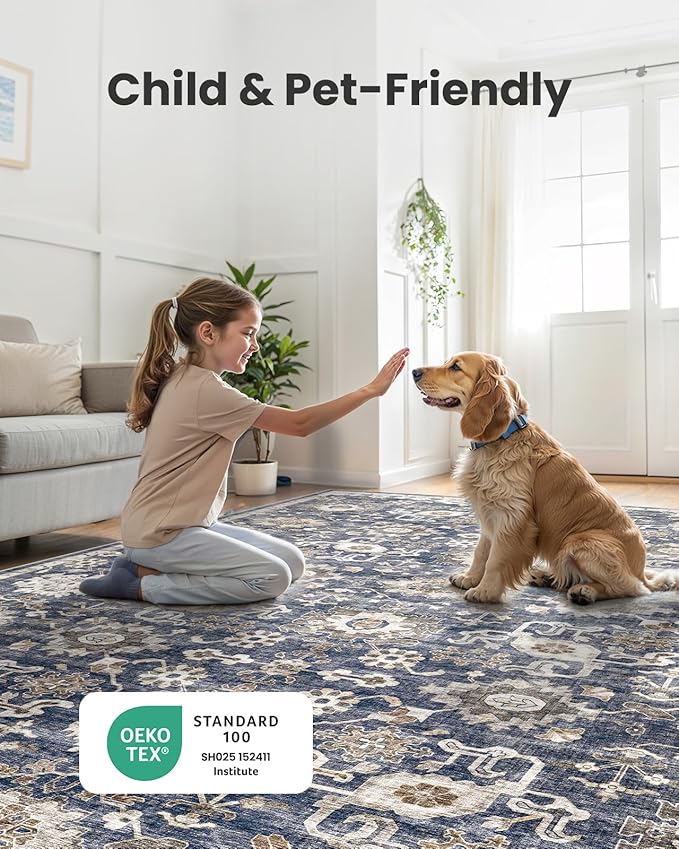 AMADA HOMEFURNISHING 2'6"x8' Washable Area Rug, Low-Profile Entryway Rug with Non-Slip Backing & Durable Edge Binding, Vintage Rug Pattern, Small Rugs for Entryway, Kitchen & Living Room