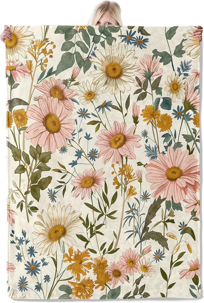 Daisy Wildflower Blanket 50×60 Inch,Vintage Botanical Floral Lightweight Flannel Throw with Soft Pink, Yellow and Blue Background,Cottagecore Garden Home Decor,Gifts for Girls,Women