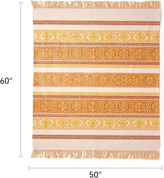 100% Cotton Boho Throw Blanket for Home Decor – Classic Farmhouse Quilt Bedding, Muslin Blankets for Adults, Vintage Woven Decorative Blanket for Couch, Bed Layering Use, Bohemian Stripe, 50"x60"