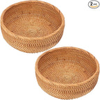 2 PCS Handmade Round Rattan Bread Baskets - 9.06 x 3.54 Inch Round Wicker Bread & Fruit Serving Basket, Natural Woven Storage Basket Bowls for Home & Kitchen