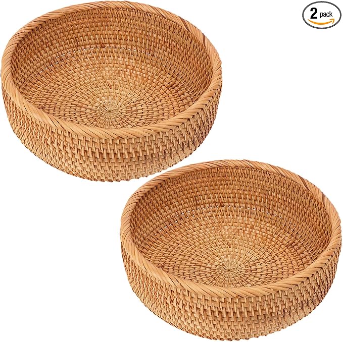 2 PCS Handmade Round Rattan Bread Baskets - 9.06 x 3.54 Inch Round Wicker Bread & Fruit Serving Basket, Natural Woven Storage Basket Bowls for Home & Kitchen