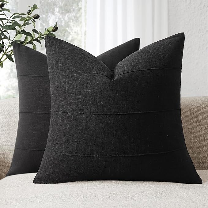 ZWJD Decorative Linen Throw Pillow Covers 26x26 Set of 2 Solid Handcrafted Striped Cushion Covers for Bed Soft Modern Farmhouse Neutral Pillowcase for Couch Bedroom Living Room Home Decor(Black)