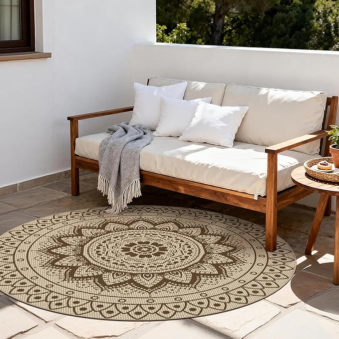 Outdoor Round Rug 6ft, Easy Jute Rug Washable Indoor Outdoor Patio Rug, Non Slip Round Area Rug Farmhouse Front Door Mat,Boho Lightweight Carpet for Backyard Patio Entry (Brown, 6 Ft)